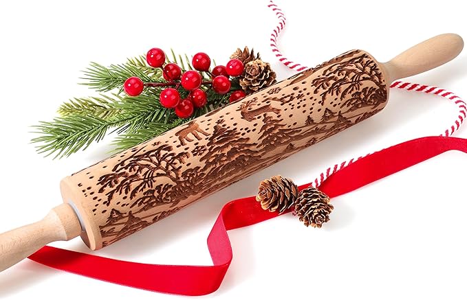 17" Premium Wooden Rolling Pins for Baking with Reindeer Embossed Designs | 3mm Deep Springerle Cookie Molds | Christmas Rolling Pin & Baking Gifts for Women | Includes 3-in-1 Cleaning Brush