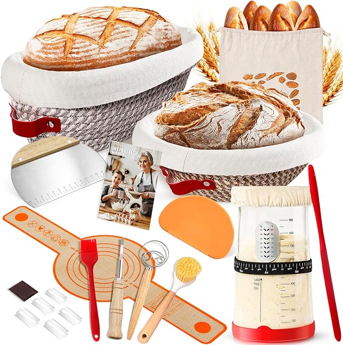Sourdough Starter Kit with 9" Round & 10" Oval Banneton Proofing Basket and 37oz Starter Jar - Beginner-Friendly Sourdough Bread Baking Supplies and Baking Gifts for Women, Men Bakers