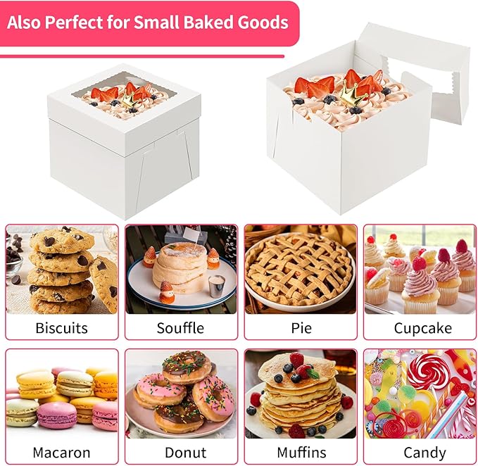 WINKIO 10x10x8 inch Cake Boxes, 4 Pack with Window, White Disposable Bakery Boxes for Cakes, Cookies, Pies, Cupcakes, Pastries