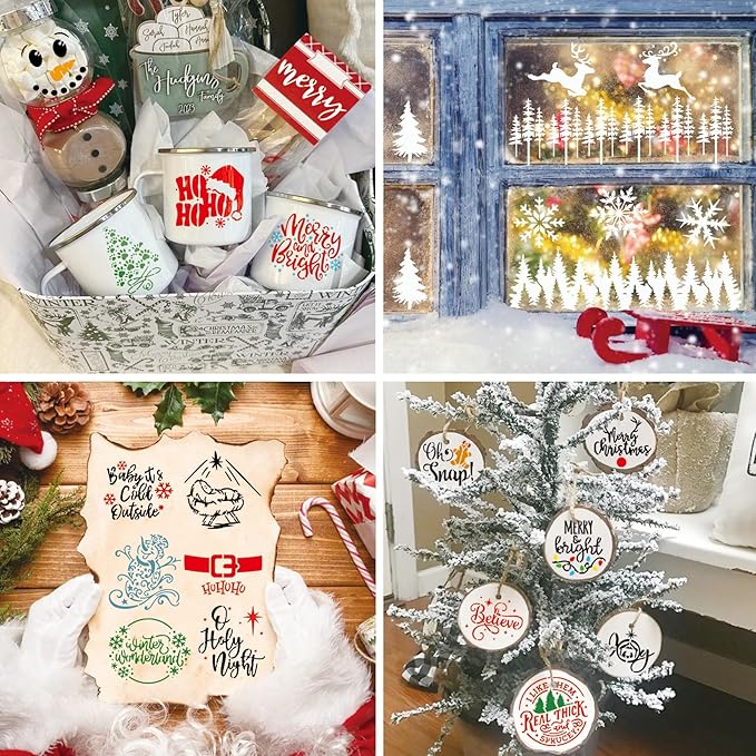60pcs Christmas Stencils for Painting on Wood 3 Inch Small Nativity Ornament Reusable Holiday Xmas Drawing Stencil Templates for Wood DIY Crafts Card Paper Gift Home (Winter)