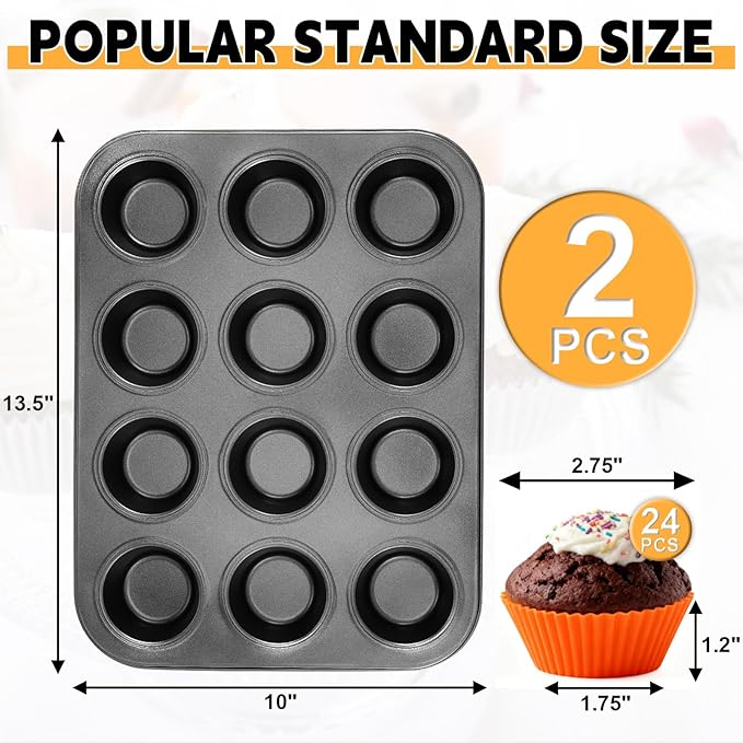 Unokit Muffin Pan for Baking - 2PCS 12-Cup Regular Cupcake Pan with 24PCS Nonstick Cupcake Liners, Carbon Steel Muffin Tin for Oven, BPA Free and Dishwasher Safe