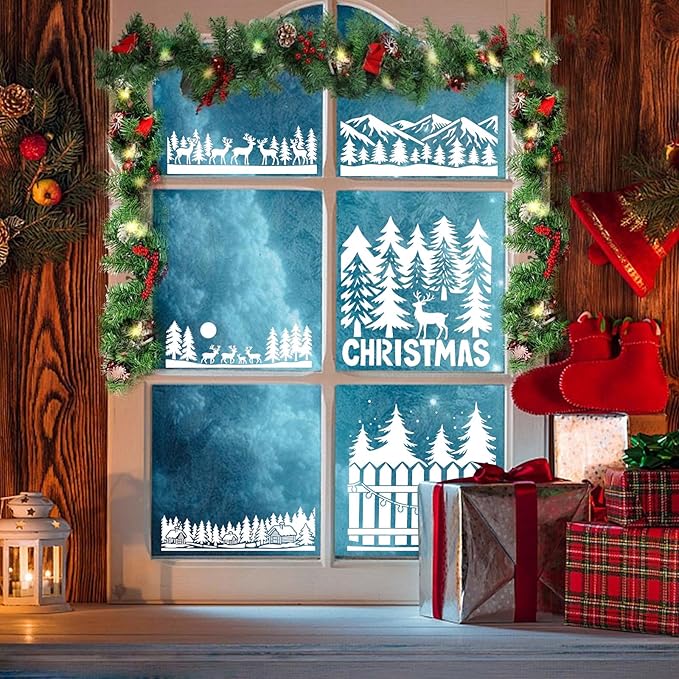 12 Pcs Large Christmas Window Stencils, Reusable Winter Scene Forest Reindeer Stencil, Mountain Tree Stencils for Painting on Wood Doormat Glass Fabric