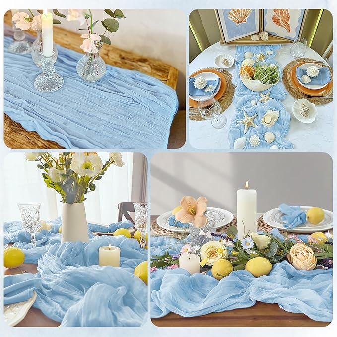6 Pack Baby Blue Cheesecloth Table Runner 17x108 Inch Semi Sheer Boho Gauze Cheese Cloth Fabric Table Runners, for Wedding Party Baby Shower Birthday Home Decor Garden Farmhouse
