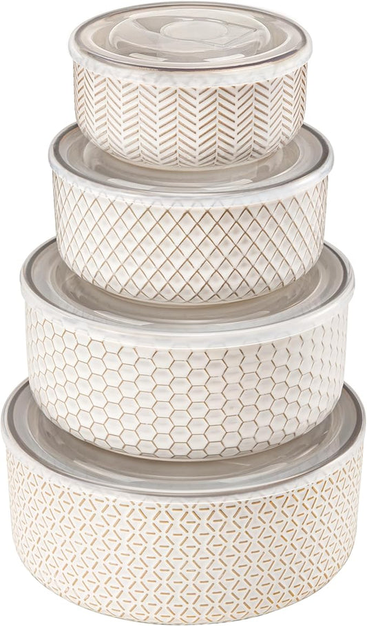 KooK Mixing Bowls, with Lids, Ceramic Nesting Bowls. Space Saving, Set of 4, Embossed, Kitchen, Prep, Stackable, Mix, Gift, Microwave and Dishwasher Safe, 16/29/47/70 oz, Narbonne Collection (Ivory)