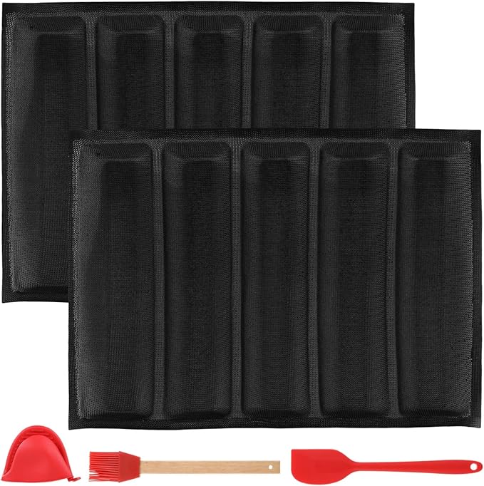 2 Pcs Baguette Bread Pan, 5-Well Fiberglass Silicone Bread Loaf Pan with Silicone Spatula, Brush, Anti-Scald Clip, Aerated Pan for French Bread, Hot Dog Buns