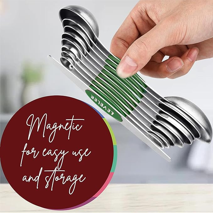 Magnetic Measuring Spoons Set of 9 Stainless Steel Dual-Sided Stackable Measuring Spoon Nesting Teaspoons Measuring Dry and Liquid Ingredients, Fits in Spice Jars Set of 9 (Green)