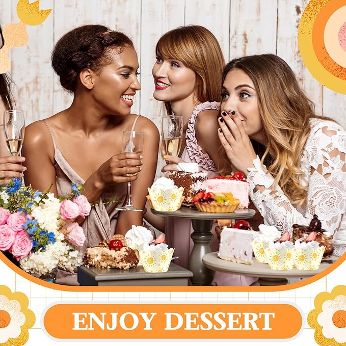 Domensi 100 Pcs Bohemian Sun Cupcake Wrappers Rustic Yellow Sunshine Cupcake Liners Baking Cups Baking Liners for Summer Picnic Wedding Bridal Baby Shower Birthday Party Supplies Dessert Decoration