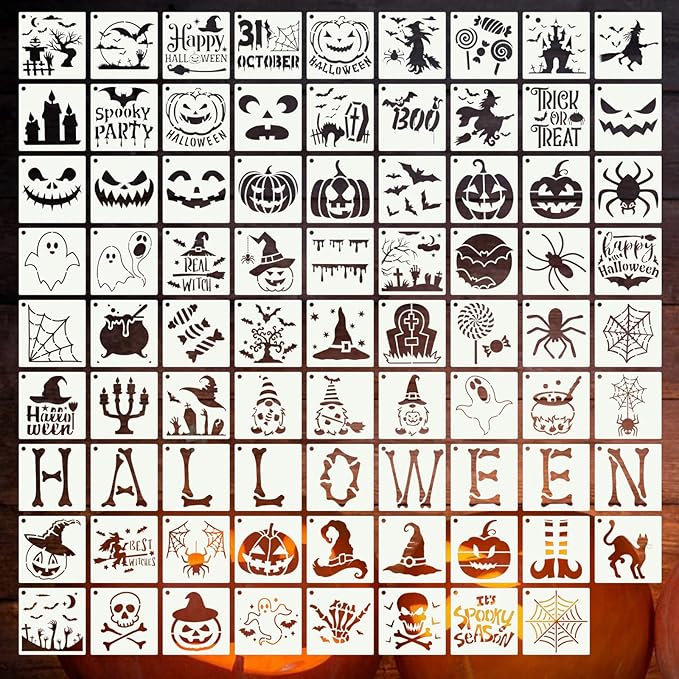 80 Pcs 6 x 6 Inch Halloween Stencils for Painting on Wood, Reusable Happy Pumpkin Spider Web Stencil DIY Ornaments Ghost Paint Template Set for Wall Door Home Decor
