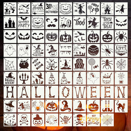 80 Pcs 6 x 6 Inch Halloween Stencils for Painting on Wood, Reusable Happy Pumpkin Spider Web Stencil DIY Ornaments Ghost Paint Template Set for Wall Door Home Decor