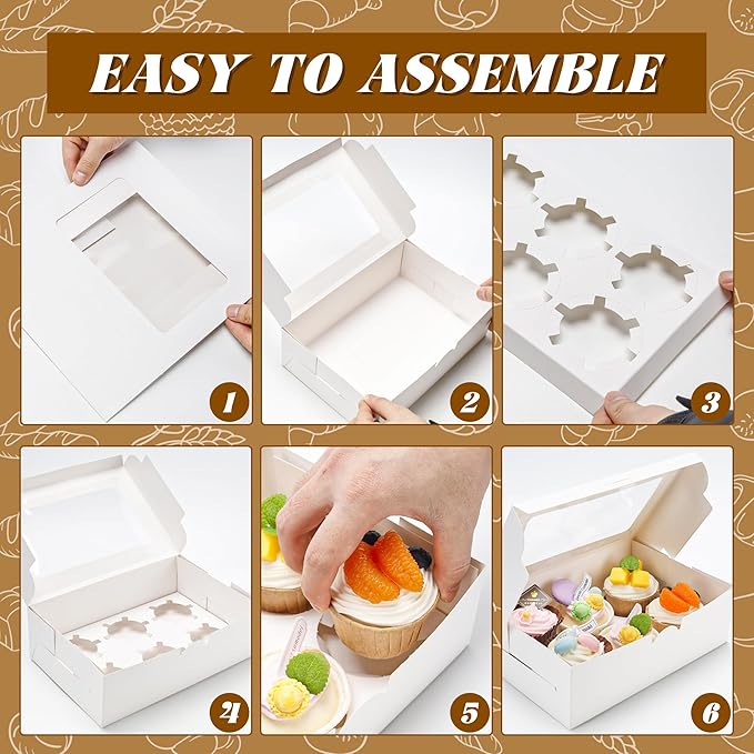 6 Pack Cupcake Boxes with Inserts 6 Holders, White Standard Bakery Boxes with Window Food Grade Cupcake Containers 6 Count for Muffins