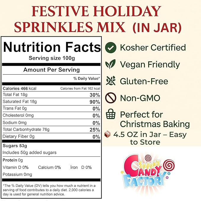 Christmas Holiday Sprinkles Jar - Kosher, 4.5 OZ in Jar - Holiday Jimmies - Red White and Green Xmas Baking Toppings for Cookies, Cakes, Cupcakes