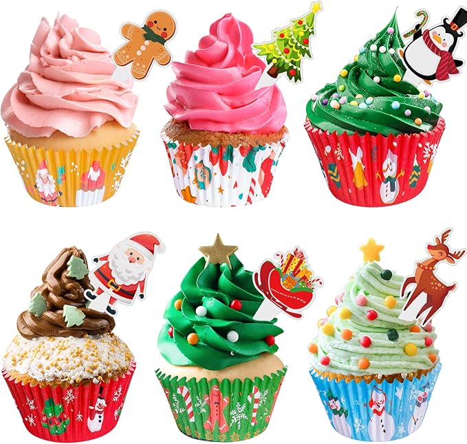 Christmas Cupcake Liners with Toppers Picks, Standard Wrappers Cupcake Disposable Baking Cups Muffin Liners for Xmas Holiday Party Favors, Party Decorations for Christmas Baking Supplies