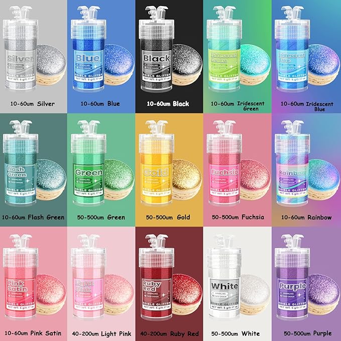 Edible Glitter - 15 Popular Colors Edible Glitter for Cocktails, Food Grade Luster Dust, Iridescent Shimmer Powder for Cake Decorations, Drinks, Baking, Dessert - 3 Particle Sizes - 5g/Bottle