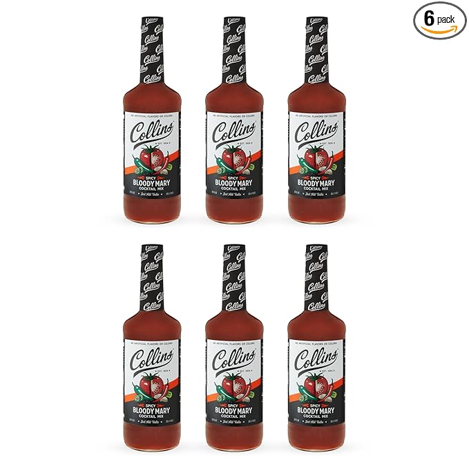 Collins Spicy Bloody Mary Mix, Brunch Cocktail Recipe, Bartender Mixer, Drinking Gifts, Home Cocktail bar, Set of 6 32 fl oz Bottles