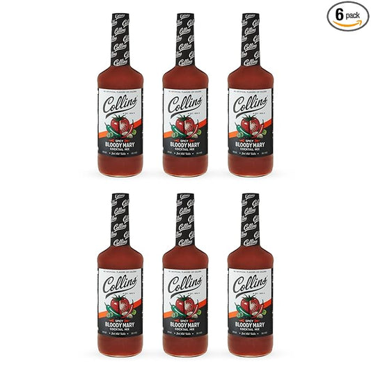 Collins Spicy Bloody Mary Mix, Brunch Cocktail Recipe, Bartender Mixer, Drinking Gifts, Home Cocktail bar, Set of 6 32 fl oz Bottles
