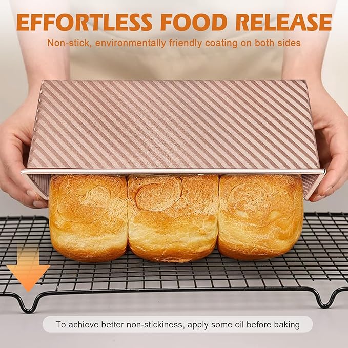 2Pack Bread Loaf Pan with Lids – 1 LB Dough Capacity, Non-Stick Carbon Steel Pullman Loaf Pan for Homemade Sandwich and Sourdough Bread, Corrugated Toast Mold Gold