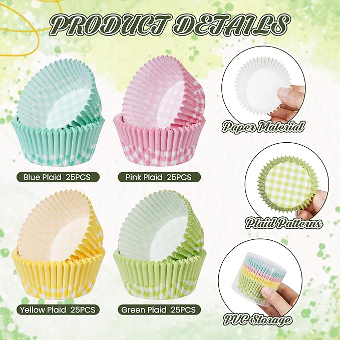 Plaid Cupcake Liners 100PCS Christmas Muffin Liners Standard Size Checkered Baking Cups Cupcake Wrappers for Thanksgiving Spring Summer Easter Baby Shower Birthday Party Cake Decorations