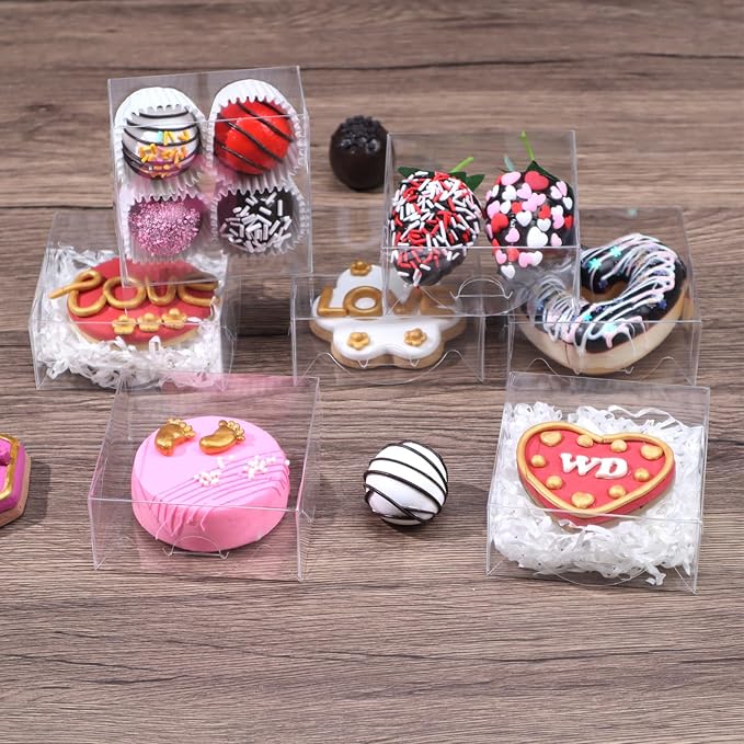 50pcs 4x4x2 Inch Plastic Clear Pastry Boxes - Cookies, Doughnuts, Soap, Truffle, Brownie, Cake, Chocolate Covered Strawberries & Treat Boxes for Party Favors & Wedding