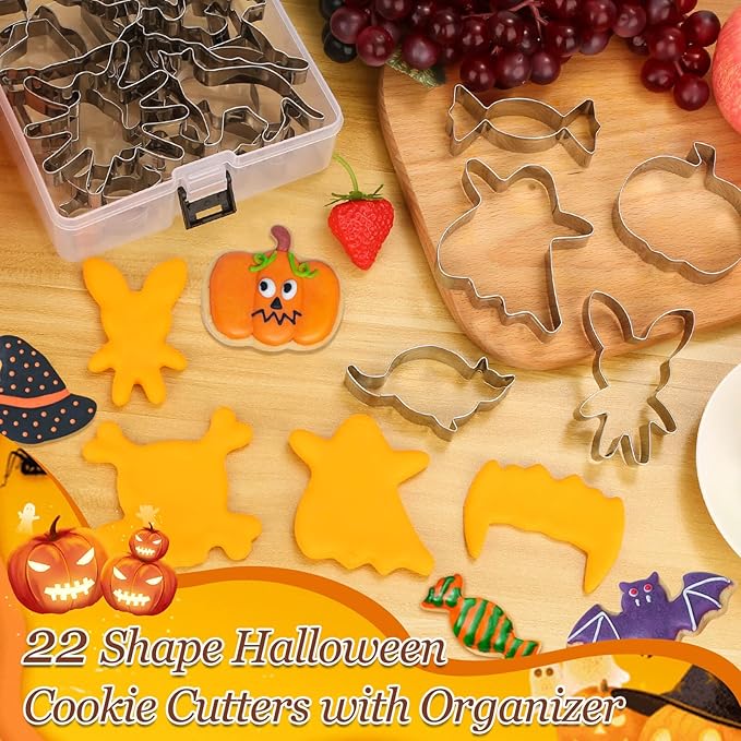 Lezmarket 22Pcs Halloween Cookie Cutters, Stainless Steel Baking Supplies for Halloween Cookie Sandwich Party Decorations- Ghost Pumpkin Cat Bat Coffin Witch Hat Skull Candy Broom Spider Owl Tooth