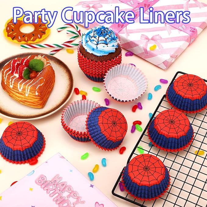300pcs Spider Web Cupcake Liners, Paper Red & Blue Baking Cups for Muffins Cakes Ice Cream Dessert Spider Themed Party Supplies for Birthday Wedding & Halloween