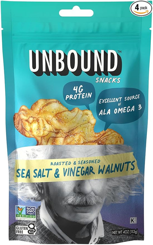 Unbound Snacks Flavored Nuts - Sea Salt & Vinegar Walnuts, 4 oz (Pack of 4) - Healthy Snacks, 4g Protein, 1g Sugar, High in Omega 3, Gluten Free, Vegan - Freshly Roasted & Seasoned Gourmet Walnut Halves