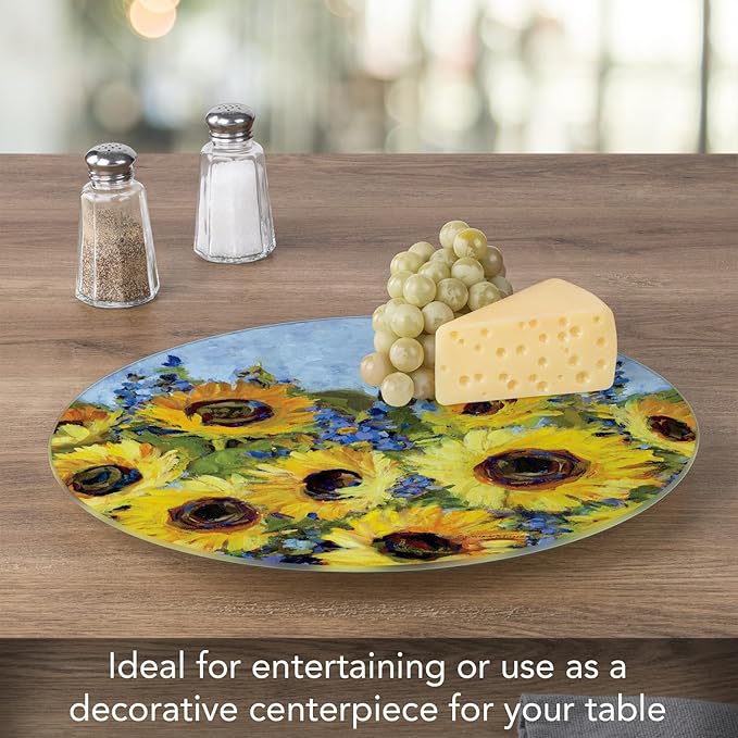 CounterArt Sunflower Gallery 4mm Tempered Glass Lazy Susan Turntable 13" Diameter Condiment Caddy Cake Plate Pizza Server
