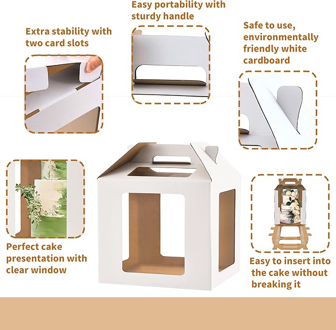 XININSUN Tall Cake Boxes for Tier Cakes 14x14x14 Inch Tall Cake Carrier with 6 Windows,Large Tierd Cake Take Out Transport Containers with Handle for Wedding, Birthday, Party-5Pack
