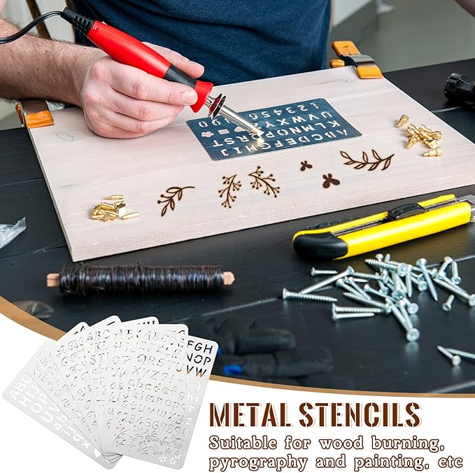 Lewtemi 6 Pcs Mixed Metal Stencil Wood Stencil Templates Stencils for Journaling Burning Stencils for Wood Carving Drawing Engraving Scrapbooking Journal Craft DIY (Letter Style)