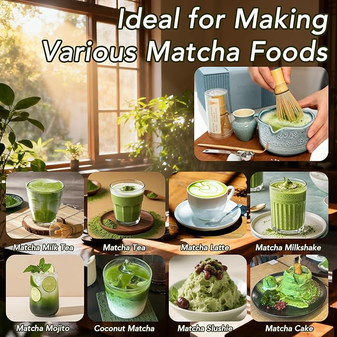8Pcs Matcha Whisk Set, Matcha Set Includes Ceramic Matcha Bowl, Whisk and Holder, Bamboo Scoop, Scoop Rest, Sifter, Measuring Spoons and Tea Towel Tea Kit Gift Set for Women (Blue)