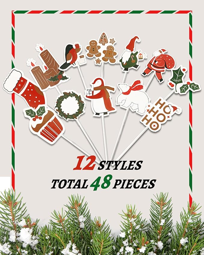 48 PCS Christmas Cupcake Toppers, Christmas Cake Decorations, Cupcake Picks, Cupcake Decorations for Xmas Party, Baby Shower, Holiday, Birthday Party