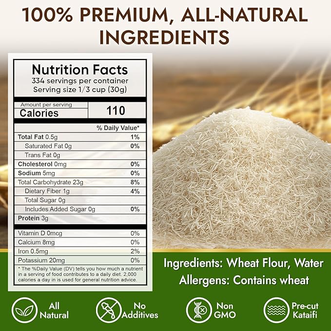 Dolce Calma Bulk Dried Kataifi Dough 22 lb Large Pack | Kadayif for Dubai Chocolate Bar, Kunafa & Baklava Desserts | Shredded Fillo for Bakery & Catering Use