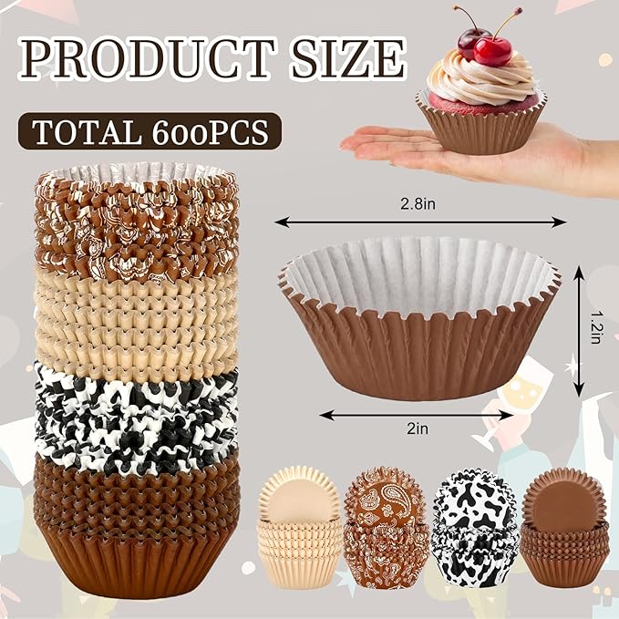 600 Pcs Western Cowboy Cupcake Liner Paper Baking Cups Brown Bandana Cow Print 4 Designs Muffin Liner Cake Storage Container for Rodeo Birthday Party DIY Crafts Supplies, 2 x 1.2 Inch