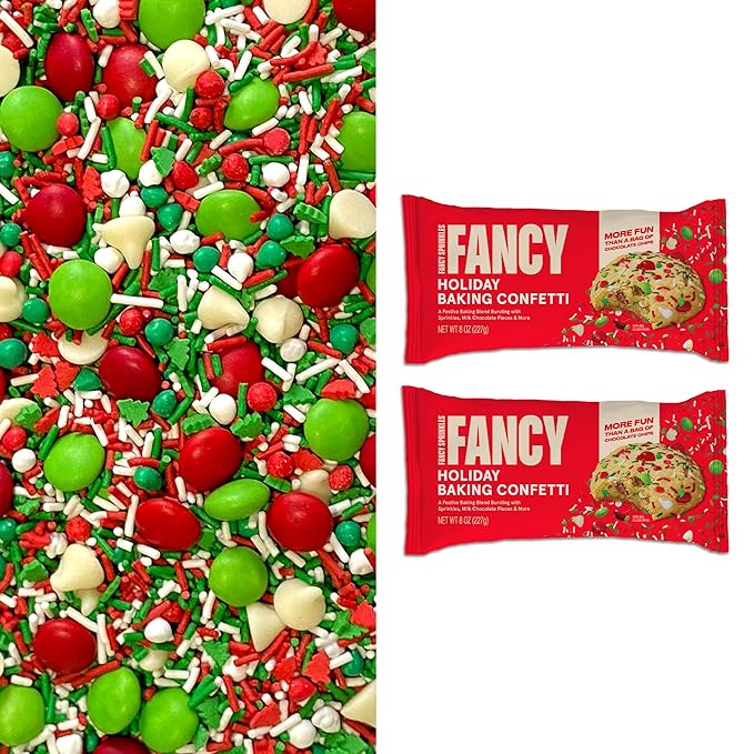 Fancy Sprinkles Limited Edition Holiday Baking Confetti Sprinkles and Chocolate Pieces, Candy-Coated Chocolatey Morsels, Christmas Tree Pieces, Vanilla Chips 8 oz Bag (2 Pack)