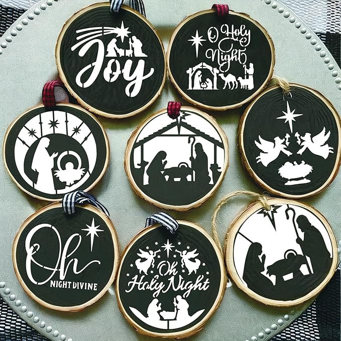 60pcs Christmas Stencils for Painting on Wood 3 Inch Small Nativity Ornament Reusable Holiday Xmas Drawing Stencil Templates for Wood DIY Crafts Card Paper Gift Home (Nativity Two)