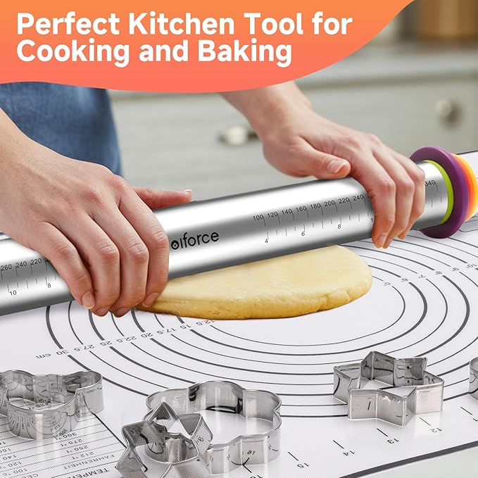 Stainless Steel Rolling Pin with Thickness Rings and Pastry Baking Mat, Pizza, Cookie, Bread, Pie Crusts,Roller Rod for Dough Thickness, 13.6" with 4 Multicolored Thickness Rings&Cookie Molds
