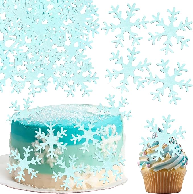 Gyufise 60Pcs Edible Snowflake Cupcake Toppers Winter Cupcake Picks Water Paper Winter Frozen Cake Decorations for Snowflake Theme Baby Shower Kids Birthday Party Supplies Blue
