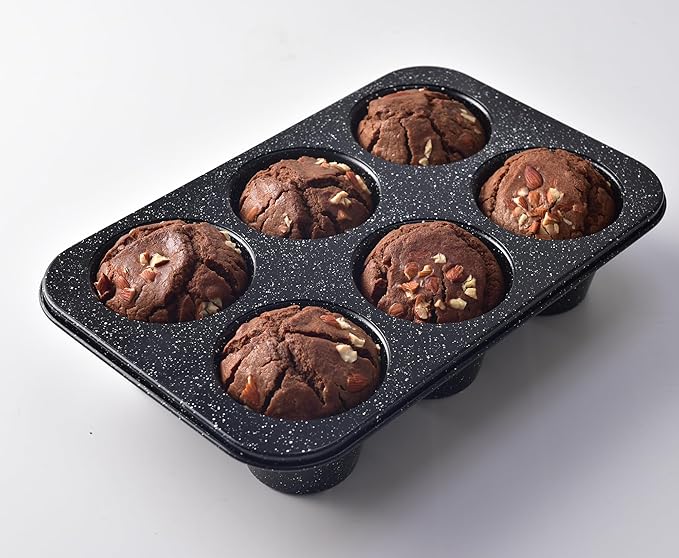 Monfish Jumbo Deep Muffin Pan 6 Extra Large Cup Cupcake Tray Black Granite Finish Muffin Tin Carbon Steel