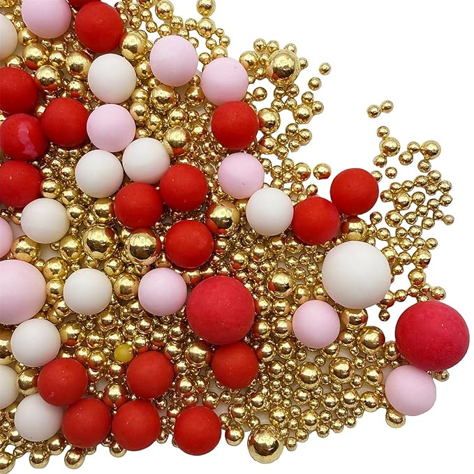 SE Si&Moos Red White and Pink Pearl Sprinkles Valentine Cupcake Sprinkles Edible Red and Gold Pearls for Cake Decorating Pink and White Pearls for Cakes Edible Pearl Cake Decorations Baby Shower Valentine Party Holiday Christmas Supplies 3 OZ