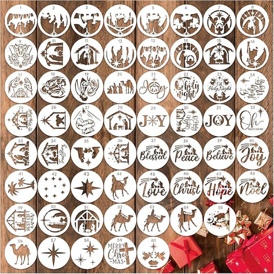 60pcs Christmas Stencils for Painting on Wood 3 Inch Small Nativity Ornament Reusable Holiday Xmas Drawing Stencil Templates for Wood DIY Crafts Card Paper Gift Home (Nativity Two)