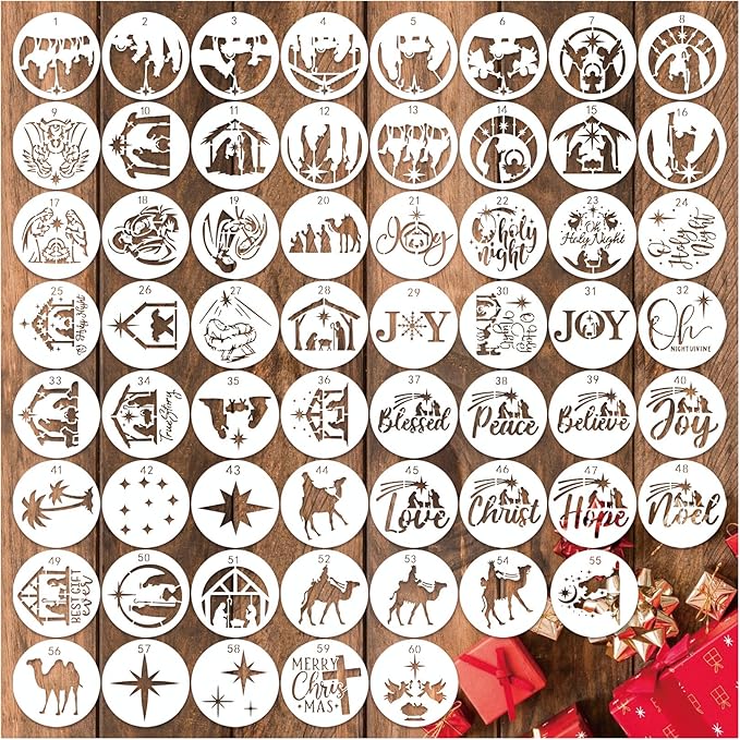 60pcs Christmas Stencils for Painting on Wood 3 Inch Small Nativity Ornament Reusable Holiday Xmas Drawing Stencil Templates for Wood DIY Crafts Card Paper Gift Home (Nativity Two)