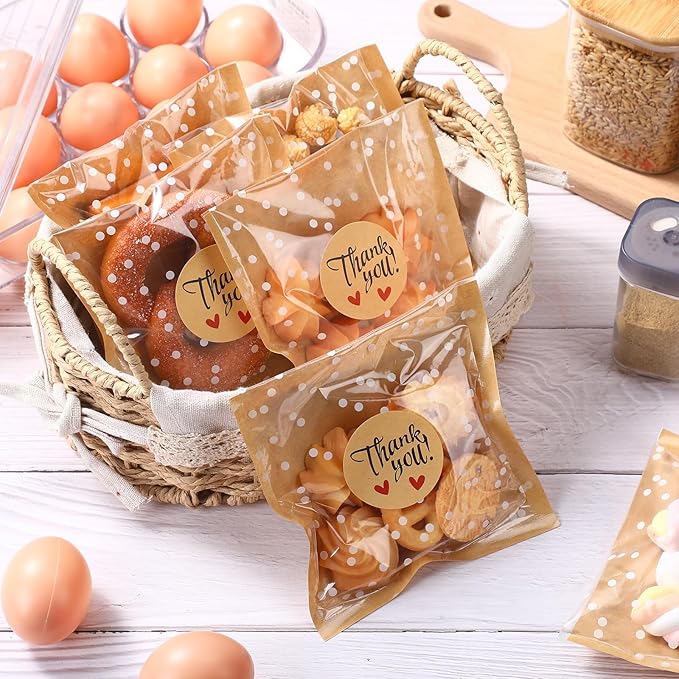Self Adhesive Cookie Bags Cellophane Polka Dot Treat Bags Small Plastic with Thank You Stickers for Party Gift Giving Bakery Biscuit Candy Pastry(5.6 x 5.6 Inch,Small Dot,200 Pcs)