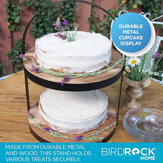 BIRDROCK HOME 2-Tier Cupcake and Cake Stand with Handle - Rustic Wood & Iron Dessert Serving Tray - Farmhouse Style Table Display for Cookies, Appetizers, and Treats - Round, Modern, Decorative