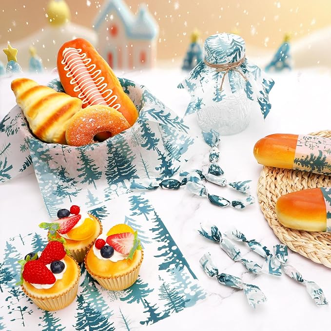 150Pcs Christmas Tree Deli Paper, 9.8 x 8.3'' Forest Grease Proof Food Deli Sheets, Resistant Sandwich Wrap Liners Greaseproof Food Wax Paper for Xmas Winter Party Supplies (Blue)