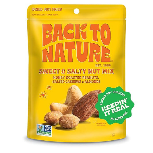 Back to Nature Sweet & Salty Nut Mix, Honey Roasted Peanuts, Salted Cashews & Almonds, Dry Roasted, Non-GMO, On-the-Go Pouch Snack, 9oz Pouch