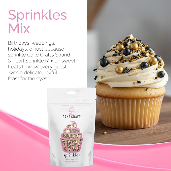 Cake Craft Gold & Black Sprinkles Mix – 3-Pack (100g Each) | Sugar Strands & Sugar Pearls | Luxurious Mixed Sprinkles for Cakes, Cupcakes, Cookies & More