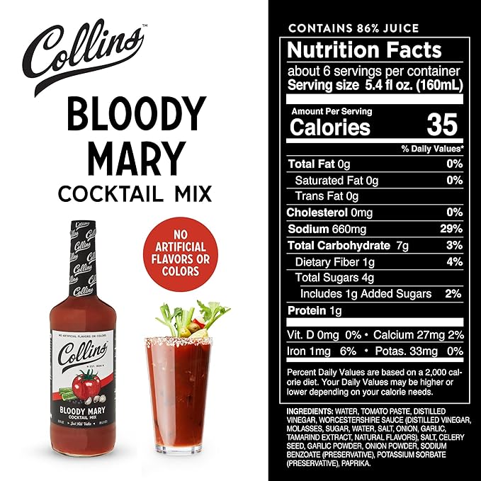 Collins Classic Bloody Mary Mix | Made With Tomato, Garlic, Worcestershire Sauce and Spices | Brunch Cocktail Recipe Ingredient, 32 fl oz
