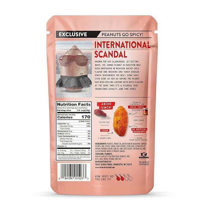 Henrietta Said Wing-Flavored Peanuts - Truly Good Foods Snacking Nuts - Bold Flavors - Savory & Spicy - Jumbo Flavored Peanuts - Protein Packed Vegan Snack - 1 (5-oz) Pack - Ancho Kimchi