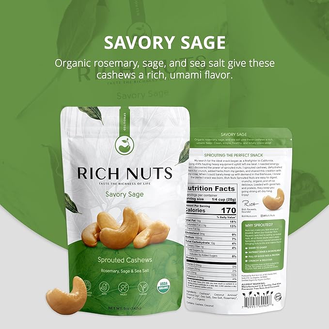 Rich Nuts Savory Sage Gourmet Sprouted Cashews | Vegan, Paleo, Keto | Made with Organic Rosemary, Sage, and Sea Salt | Non-Roasted from Dehydrated Germinated Raw, Whole Cashews | 5 Oz Bag (2 Pack)