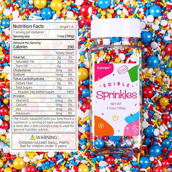 Red Blue and Yellow Sprinkles for Cake Decorating, 3.52oz Funfetti Edible Pearl Sprinkles for Cupcake Baking Ice Cream Cookie, Party Cake Decoration