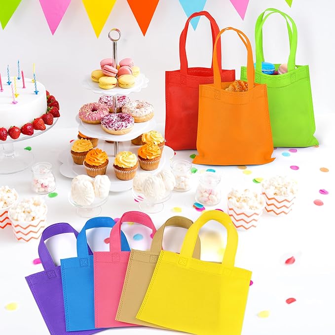 Aneco 30 Pack Reusable Non-woven Party Favor Bag 8×8 Inch Tote Bags Bulk with Handles Rainbow Goodies Gift Bags for Birthday Wedding Party (10 Colors)